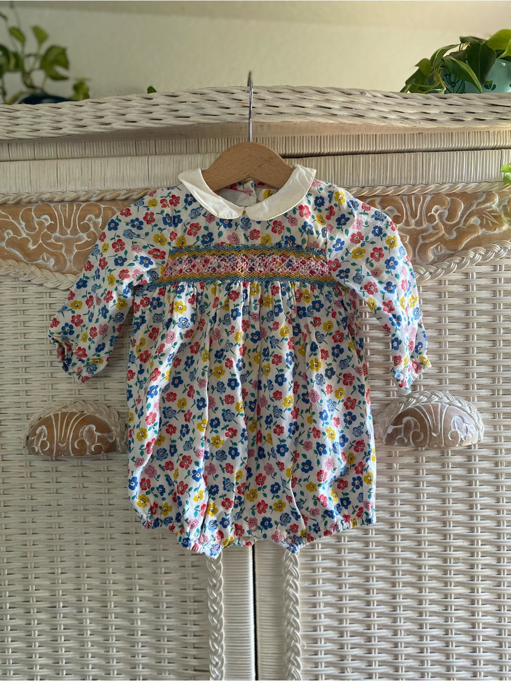 Baby Boden White Romper with Blue, Yellow, Pink Floral Print